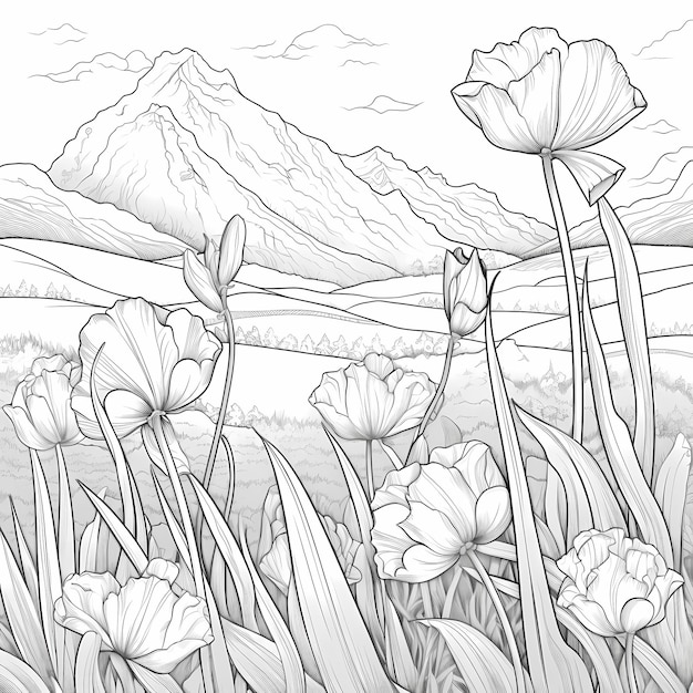 Tulip Field Coloring Book Page with Bold Black Lines and Lovely Floral Background