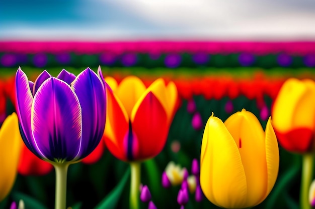 Tulip field in spring closeup of flowers in different colors colorful floral garden