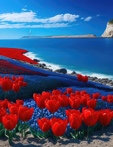 Поле тюльпанов весной Цветные тюльпаны на берегу моря