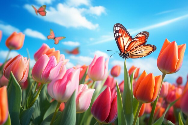 Tulip field with butterflies