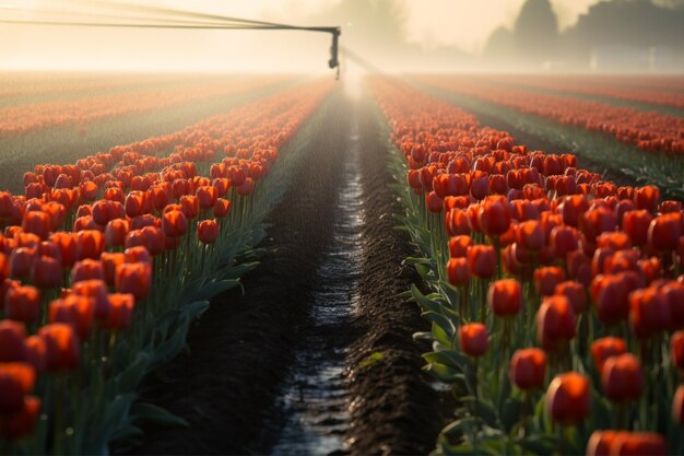 Tulip Field with Irrigation System in the Morning