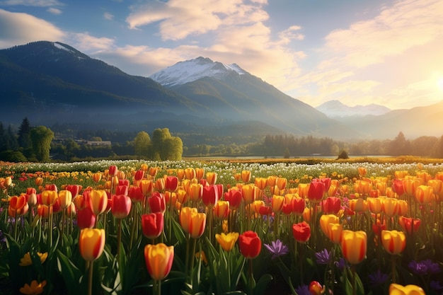 Tulip field with rows of colorful blooms