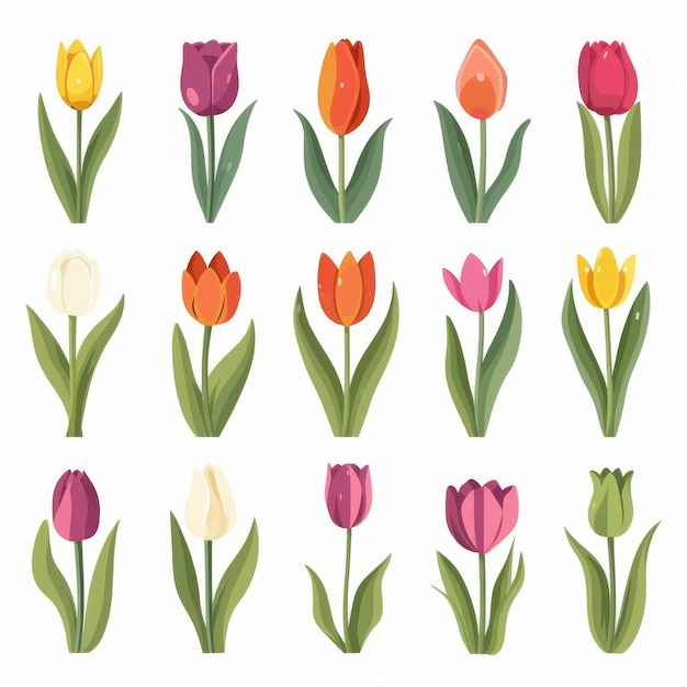 Tulip Flower Icon Set Garden Tulip Flower Flat Design Abstract Tulip Flower Symbol Simple Flowers