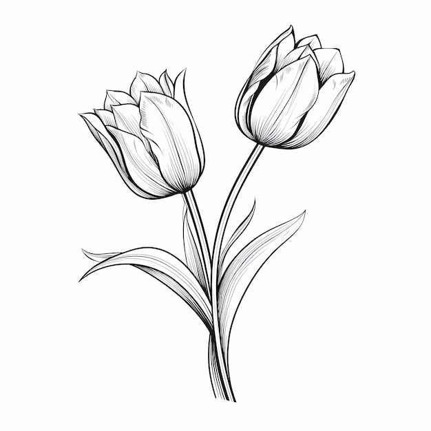 Photo tulip flower simple and easy black and white coloring picture for kids