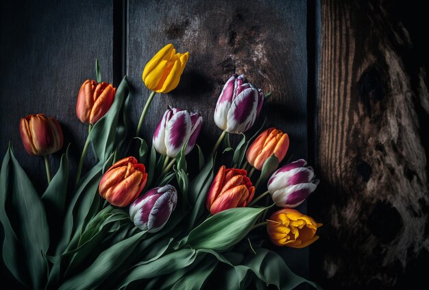 tulip flower on wooden background, generative ai