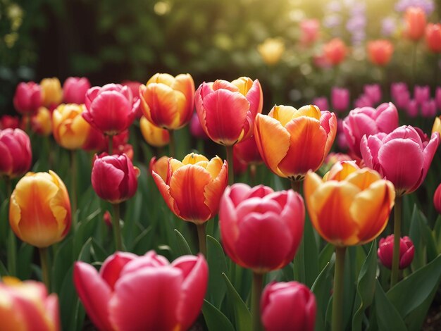 Tulip flowers are blooming in the garden at morning of spring flower background