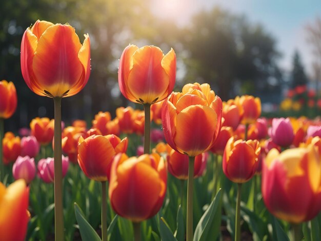 Tulip flowers are blooming in the garden at morning of spring flower background