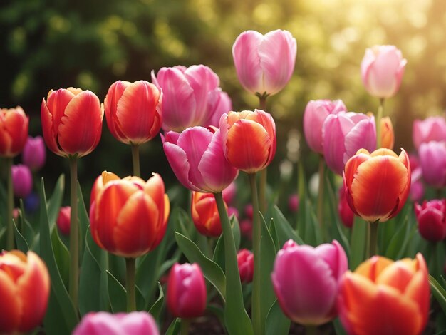 Foto i fiori di tulipano stanno fiorendo nel giardino al mattino sullo sfondo del fiore primaverile