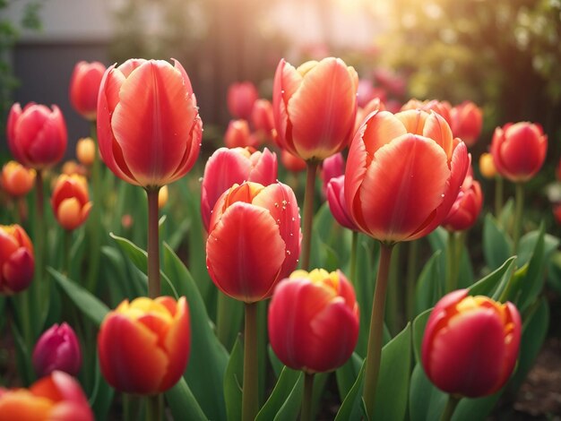 Tulip flowers are blooming in the garden at morning of spring flower background