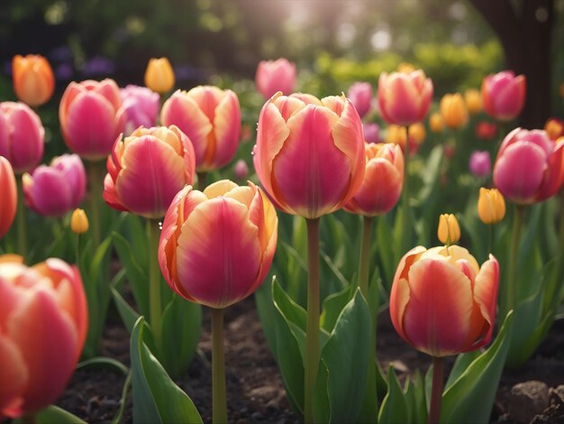 Tulip flowers are blooming in the garden at morning of spring flower background