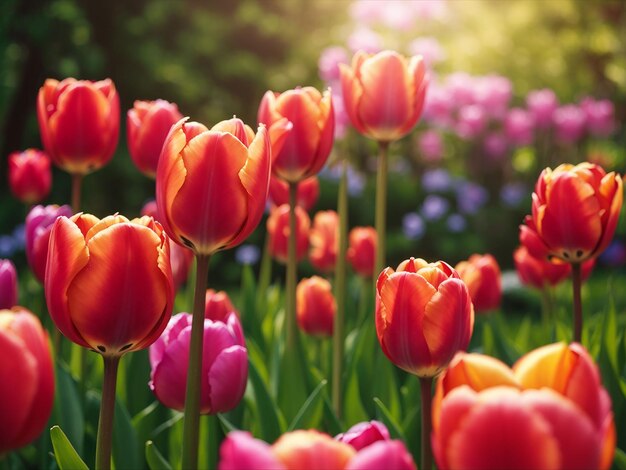 Tulip flowers are blooming in the garden at morning of spring flower background