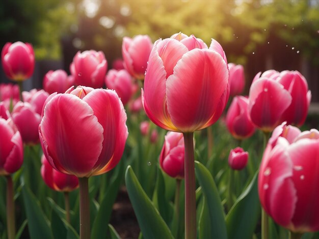 Tulip flowers are blooming in the garden at morning of spring flower background