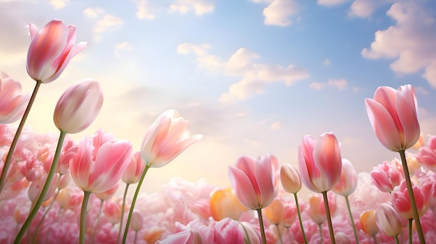 Tulip flowers blooming in the garden on blue sky background