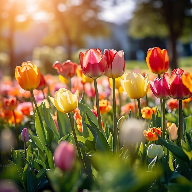 Tulip flowers blooming in the garden Spring nature background