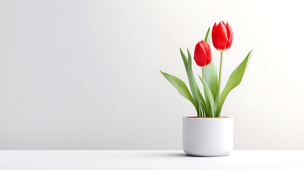 チューリップの花と白い背景の上のポット