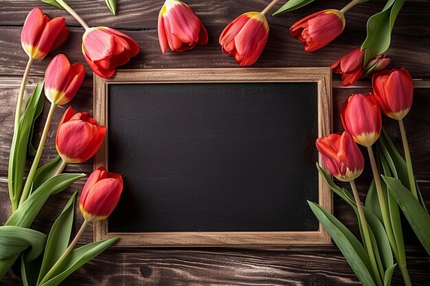 Tulip flowers with blank chalkboard on wooden table