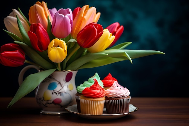 Tulip flowers with cupcakes on table