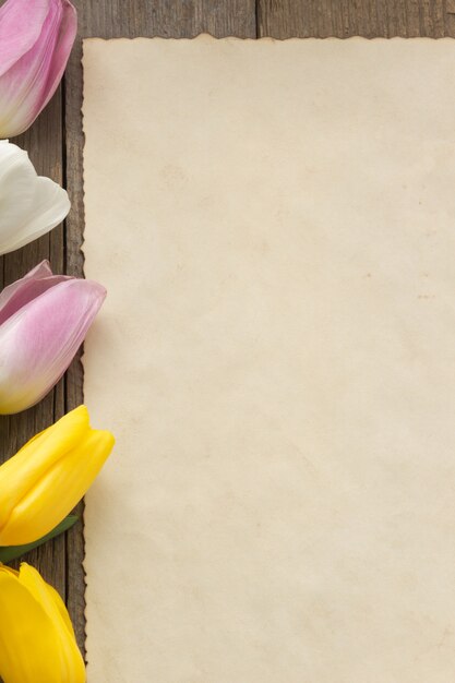 Tulip flowers on wood surface