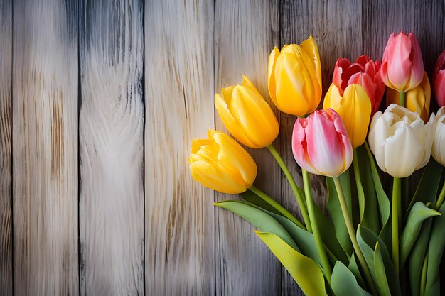 Tulip flowers on a wooden surface