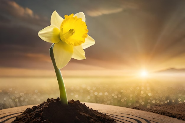 Photo a tulip growing in the sand at sunset