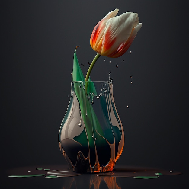 A tulip is in a glass with water dripping down it.