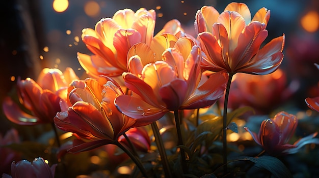 Photo tulip pink flower sunset or sunrise sky yellow light on golden hours