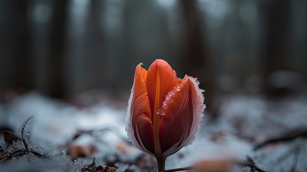 A tulip in the snow with the snow on the ground