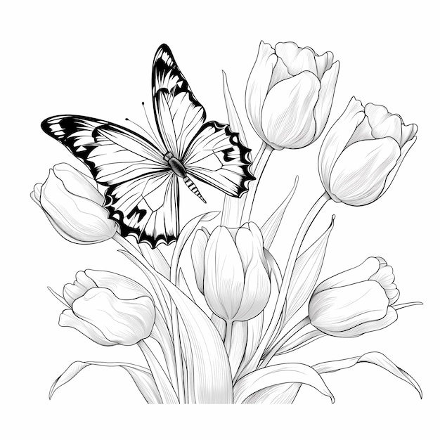 写真 蝶の花がく大きなチューリップの絵を描くページ