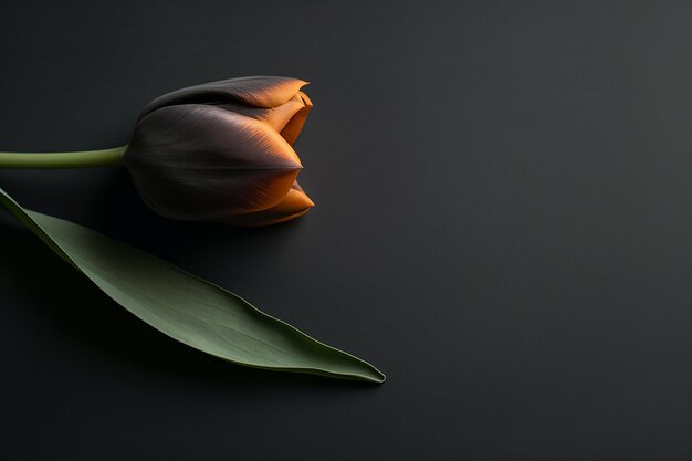 A tulip with a leaf on it