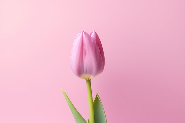 Tulip with leave on a pink background closeup with space