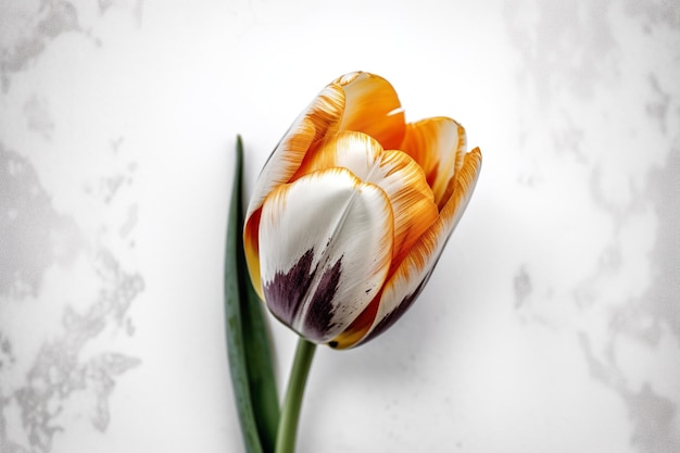 A tulip with a white background and a green leaf