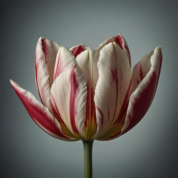 a tulip with a white and red striped pattern