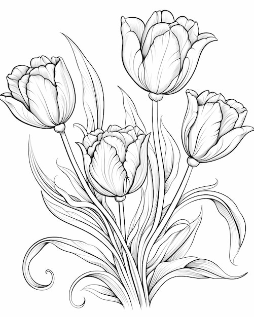 Tulip Wonderland Coloring Page with Winding Stems and Flower Buds White Background