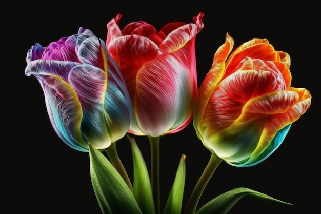 Tulipanes coloridos wallpaper hd geïsoleerd met zwarte achtergrond generatieve AI