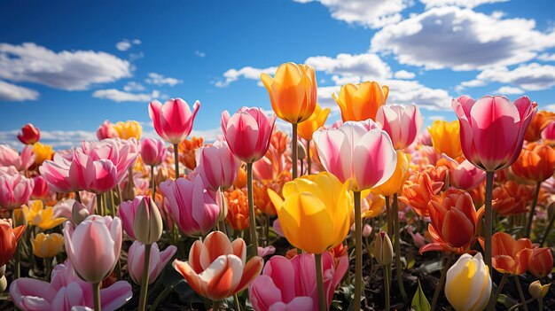 Tulips are blooming in a field of flowers.