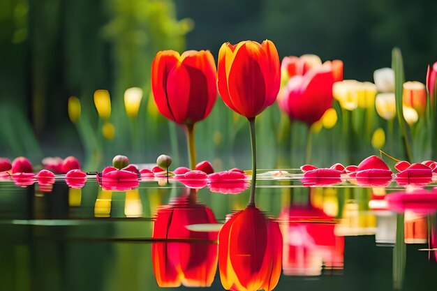 Tulips are reflected in a pond