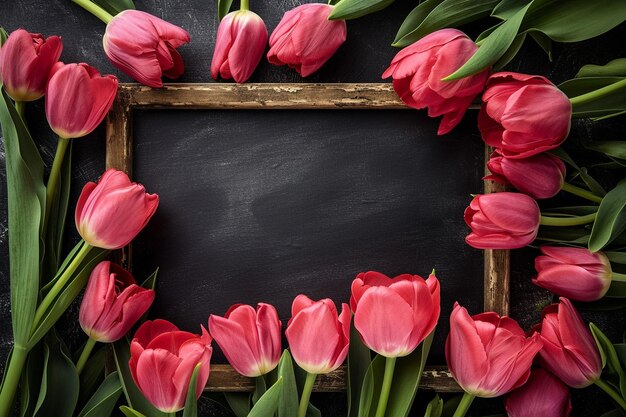 Tulips around blackboard