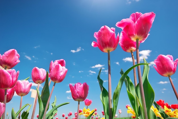 Tulips on blue sky Composition of nature