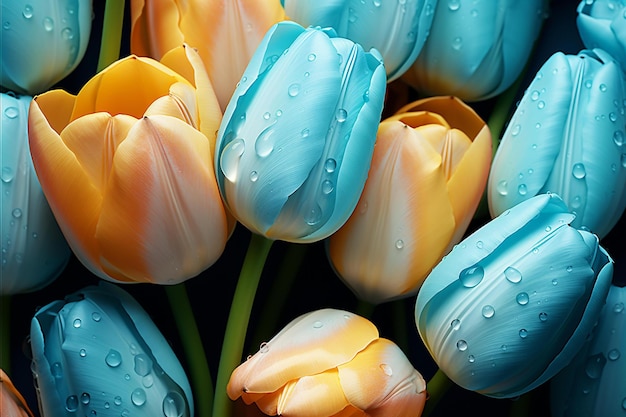 Tulips in blue and yellow with water drops.