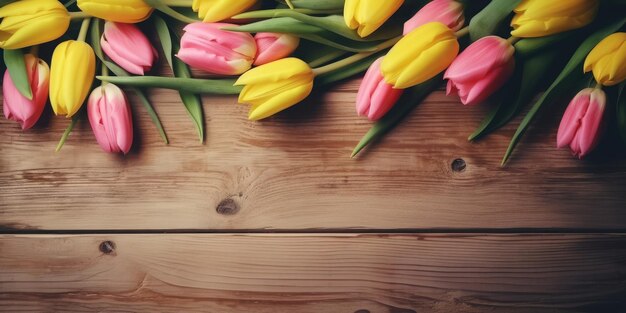 Tulips border with copy space Bouquet of tulips flowers on wooden background
