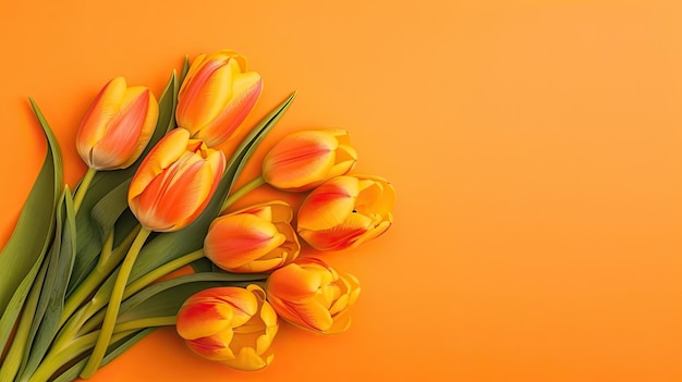 컬러 배경에 복사 공간이 있는 튤립 테두리 봄 꽃의 아름다운 프레임 구성 Generative AI