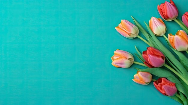 Tulips border with copy space on a colored background Beautiful frame composition of spring flowers Generative AI