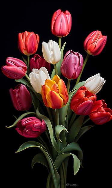 Tulips bouquet on a black background