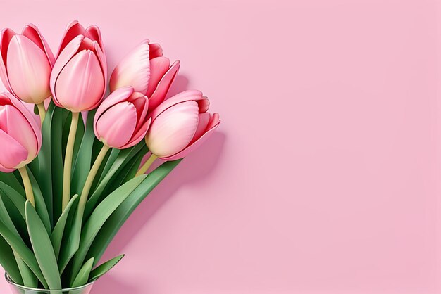 写真 コピースペースを備えたピンクの背景のチューリップの花束