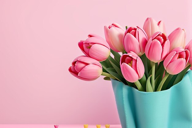 Foto bouquet di tulipani su sfondo rosa con spazio di copia