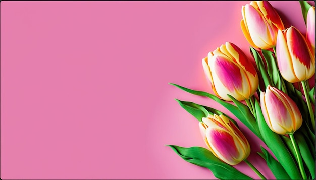 Tulips bouquet on pink background with copy space