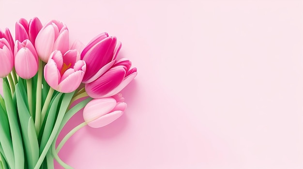 Tulips bouquet on pink background with copy space