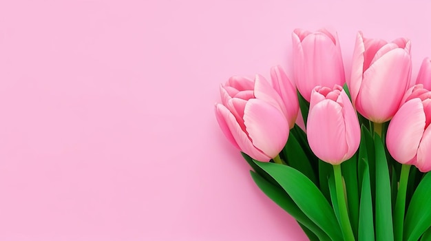 Tulips bouquet on pink background with copy space