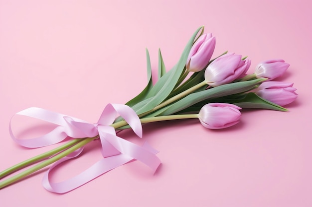 tulips bouquet on pink background with copyspace decorative background