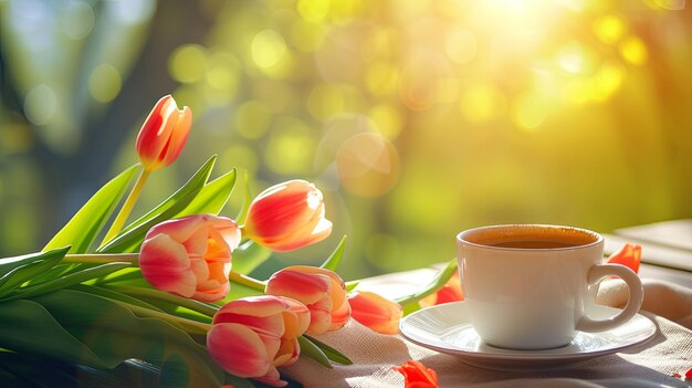 тюльпаны и чашка кофе на столе солнечный фон природы